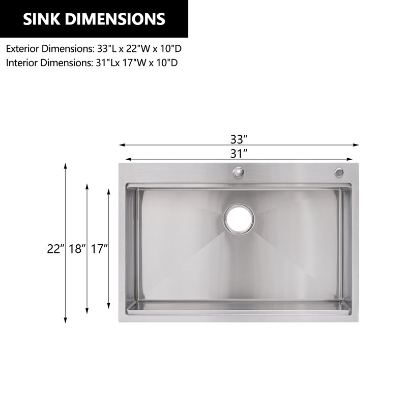 Évier de cuisine à simple cuve en acier inoxydable 33 po L, Nickel brossé