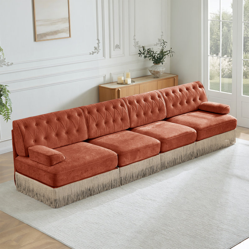 Canapé Chesterfield, 4, H 34,2 po x l 135,6 po x P 33,8 po, Rouge / Brun