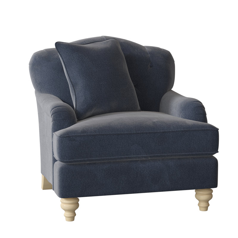 Fauteuil large capitonné 38 po Sullivan, Velours performance bleu marine Tweetie 22, Pécan, Non
