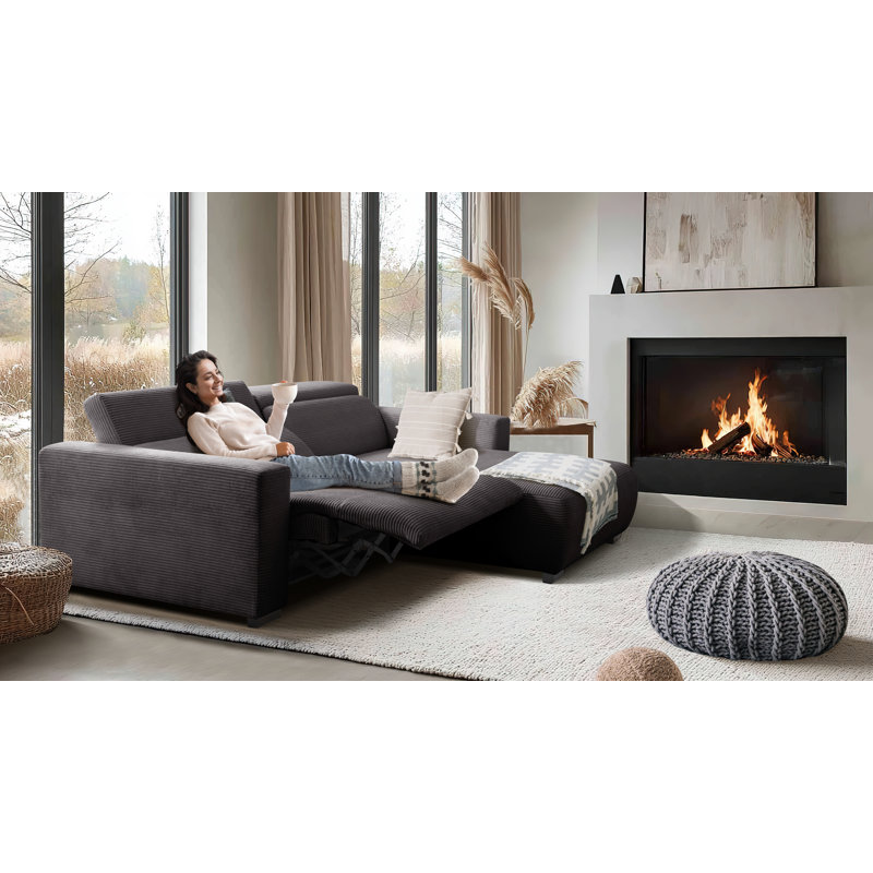 Almontiser Cozzy Reclining Corner Sofa in Curdouy Velvet Fabric, Charcoal Brown, Right Hand Facing