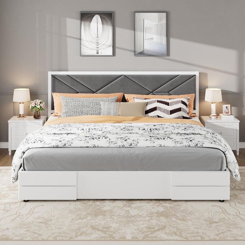 Full Size Upholstered Bed Frame,Wooden Bed Frame with Fabric Upholstered Headboard,No Box Spring Needed,Strong Wooden Slats,Easy Assembly,White