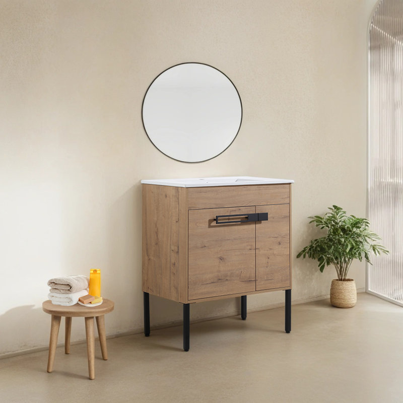 Keyvan 30 Inch Single Bathroom Vanity with Ceramic Top, Natural, 30"