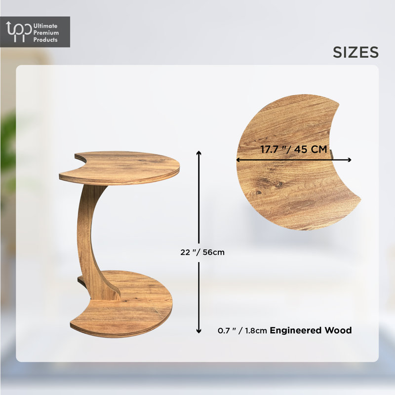 Kalavasos C-Shaped Round Side Table with Rolling Wheels, Brown