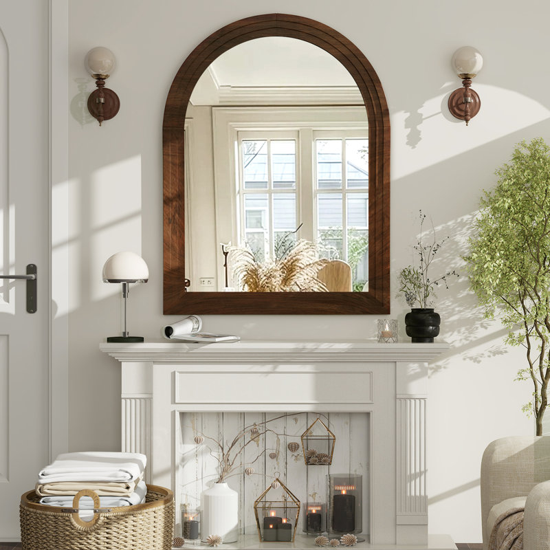 Arched Waterproof Solid Wood Wall Mirror , 36" x 24", Brown