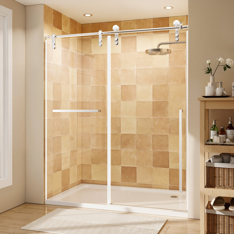 44" - 48" W x 76" H Single Sliding Frameless Shower Door with 5/16" (8mm) Glass with Explosion-Proof Film , Stainless Steel Handle Chrome
