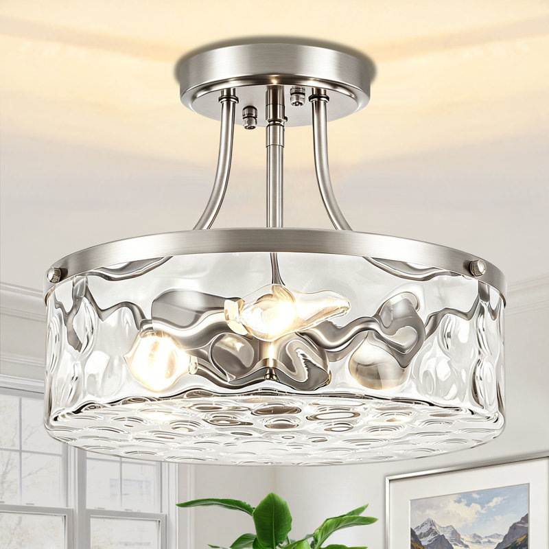 3 - Light Semi Flush Mount Ceiling Light With Water Glass Shade, Nickel
