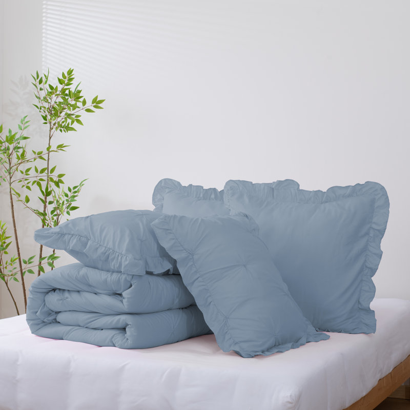 Ensemble d'édredon 5 pièces princesse romantique Pintuck, Édredon pour lit très grand + quatre taies déco, Bleu brouillard