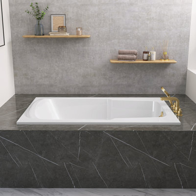60" W X 36'' D Alcove Rectangular Bathtub Drop-in Soaking Tub 3-Wall Acrylic White Bathroom Tub with Reversible Installation & Built-in Armrests