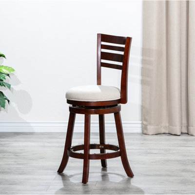 Tabouret de comptoir avec dossier pivotant à lattes, finition cerisier, siège beige, tabouret pivotant à hauteur d'ambiance, dossier, choix populaire en tissu
