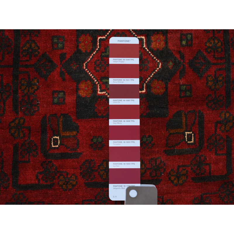 Tapis de couloir oriental large en laine noué à la main 3 pi x 9 pi 6 po rouge et satiné avec motif géométrique 5D620AF8B0E2403D91AFA13462593D39