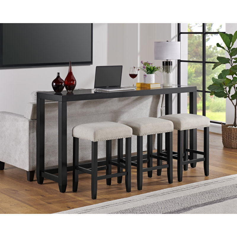 Arystan Glass Top Counter Height Bar Console Table with 3 Stools Set, Black