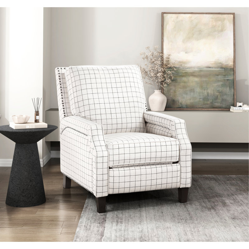 Fauteuil à mouvement automatique, sens de la mode transitionnel, motif écossais noir, base en bois massif, rembourrage en mousse sur les ressorts ensachés, coussins de dossier et de siège attachés, pieds exposés, conception à pression, charge de 300 lb,