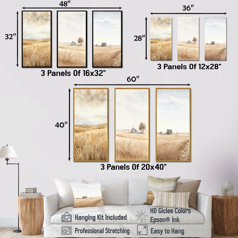 Prairie beauté dévoilée - ensemble de 3 impressions sur toile prairies, Cadre flottant noir, H 32 po x l 48 po