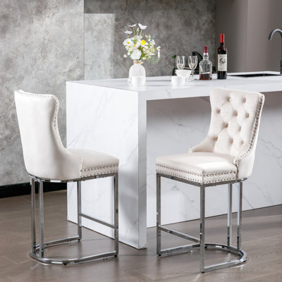 26 Counter Height Bar Stools 2 Velvet Upholstered With Button BackRivet Trim Strong Metal Base For Home 2 Pack Modern Velvet Back Rivet