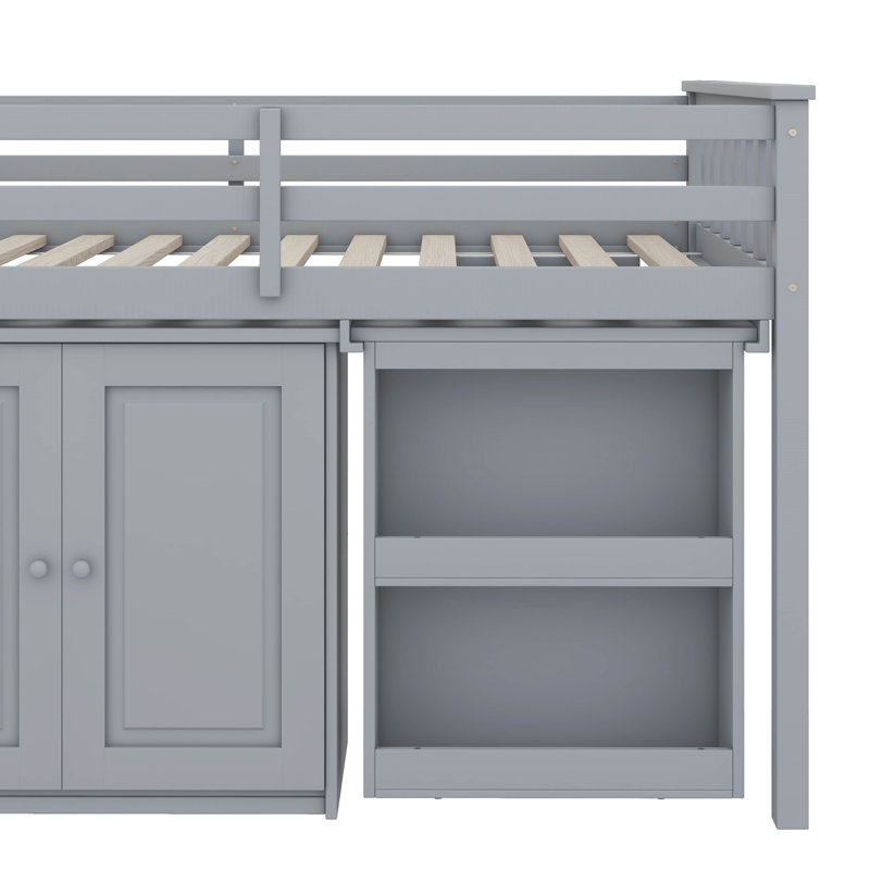 Lit mezzanine simple avec armoire à tiroirs et bureau coulissant pratique, Gris