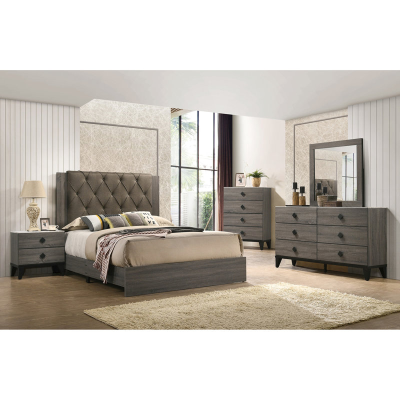 Lit contemporain grand format, gris, tête de lit, meubles en bois d'hévéa, bois d'hévéa gris, style moderne, Gris