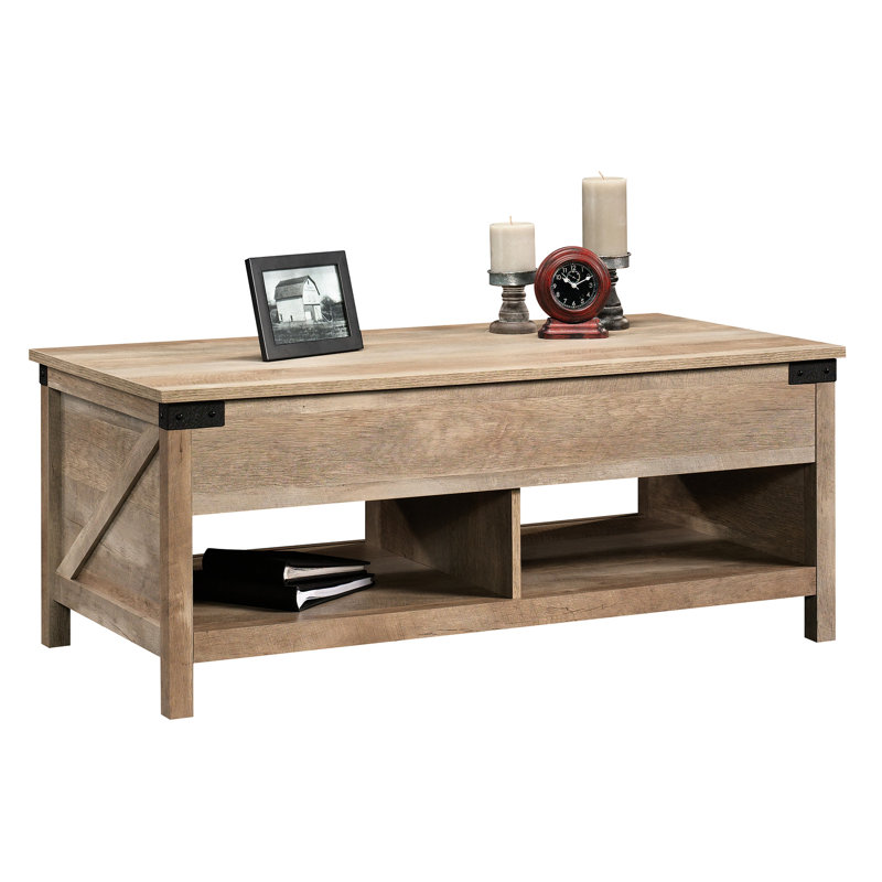 Table basse à plateau relevable brun, tablettes ouvertes, compartiment caché, fini tout autour, placement polyvalent