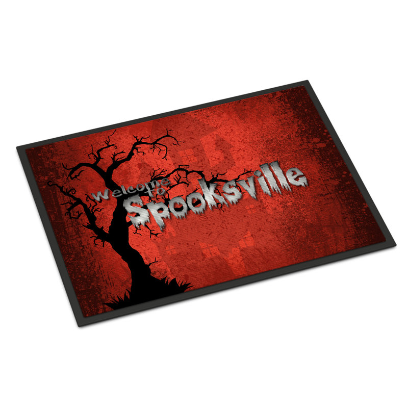 Paillasson d’extérieur anti-dérapant d’Halloween Rumer Welcome to Spooksville, Rectangle 1 pi 6 po x 2 pi 3 po