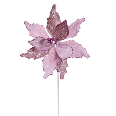 Tige de poinsettia en sucre or rose 11,5 po x 20 po Primrue Il comprend trois pièces par sac.