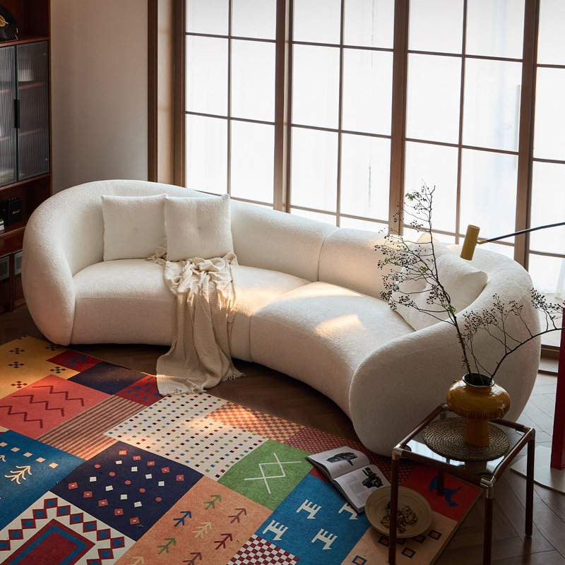 130" Organic Modern Curved Sofa, 3D Cut Chenille Upholstered Modular Sectional, Off-White