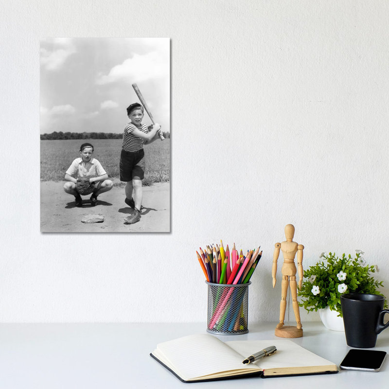 1930s Two Boys Batter And Catcher Playing Baseball - Wrapped Canvas Print, 20.32 cm H x 30.48 cm W