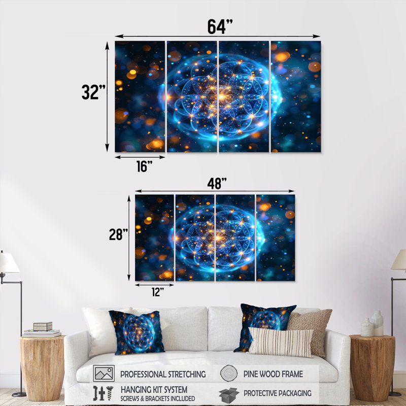 Art mural cosmique géométrique sacrée 4 pièces, H 28 po x l 48 po