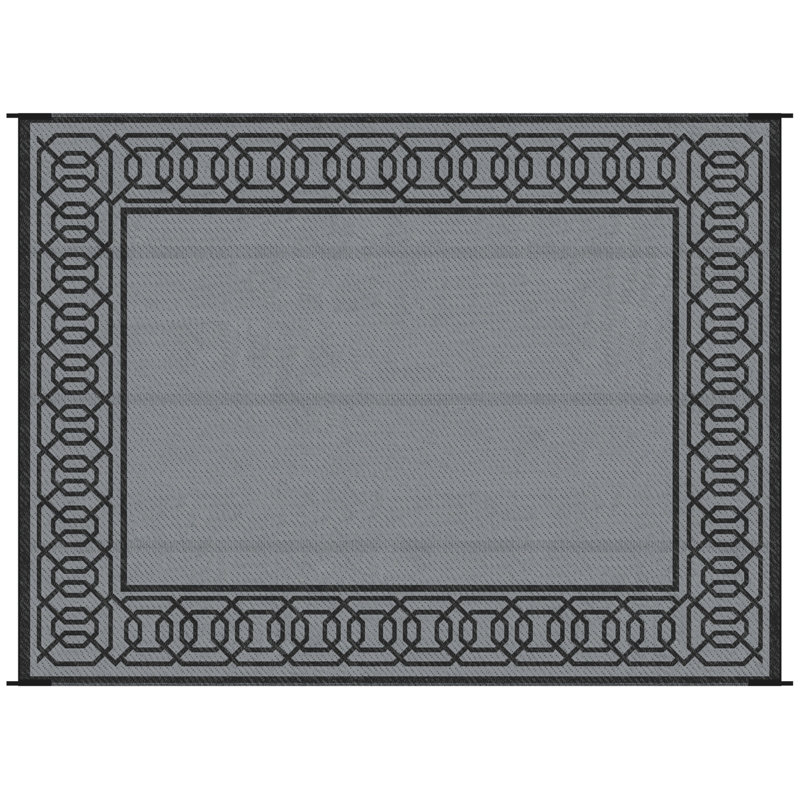 Tapis d'extérieur réversible, tapis de sol en paille de plastique imperméable 9 pi x 12 pi, tapis de camping portatif pour camping-car, grand tapis de sol pour cour, terrasse, pique-nique, plage, bordure noire et grise
