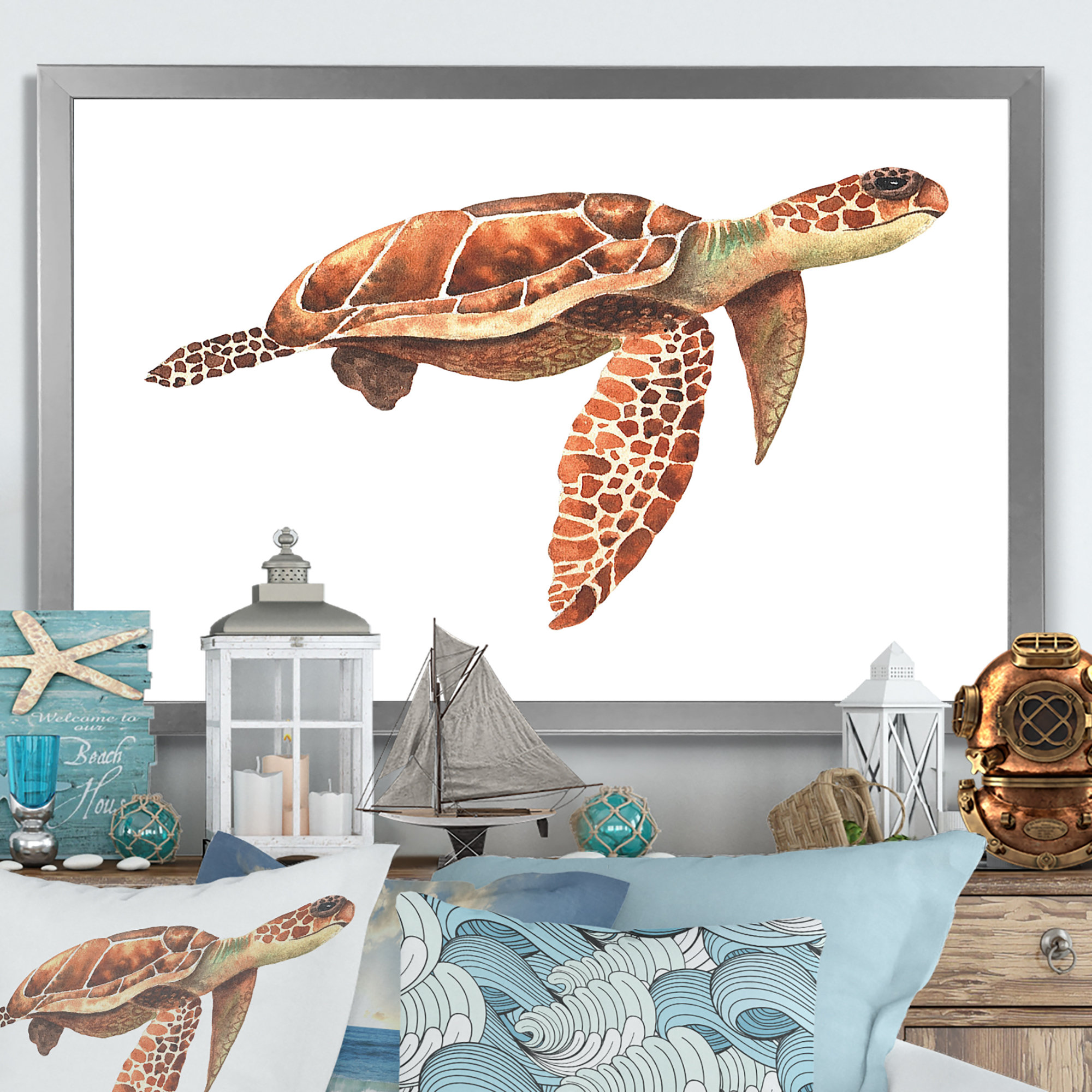 Cute Brown Sea Turtle - Print On Canvas Bay Isle Home Format: Silver Closed Corner Framed, Size: 8 H x 12 W x 1 D