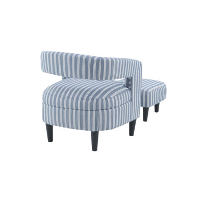 Coastal Pinstripe Accent Chair with Ottoman, Curved Comfy Reading Chair Solid Wood Legs Compact Upholstered Arm Chair for Bedroom Living Room