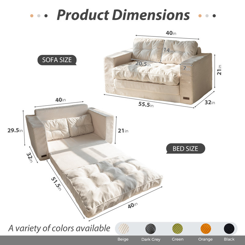 Vintage 3-in-1 Corduroy Convertible Bean Bag Sofa Bed with High-Density Foam, Loveseat Sofa with Removable Cover
