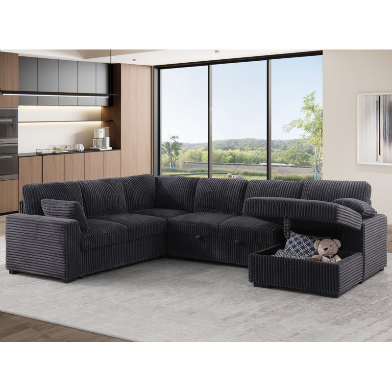 U-Shaped Sleeper Sectional with Integrated Storage , Gray Chenille