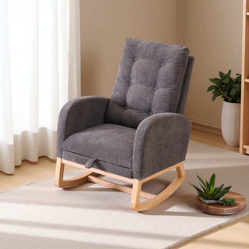 Chaise berçante décorative avec repose-pieds et pieds en bois d'hévéa à haut dossier