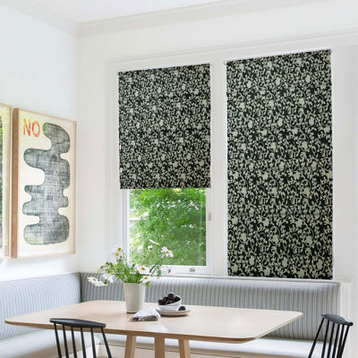  Black 100% Blackout Flower Pattern Block Print Linen Roman Shade for Door, Window or Room Home Decorative Blinds with Cord Hall, Single Panel Room Darkening, Devdas