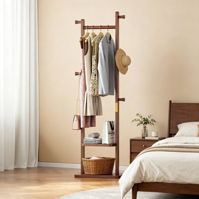 Portemanteau en bois massif autoportant, support à vêtements robuste avec 5 crochets et tablette inférieure, organisateur d'arbre d'entrée pour suspendre les vêtements, vestibule, chambre à coucher et bureau