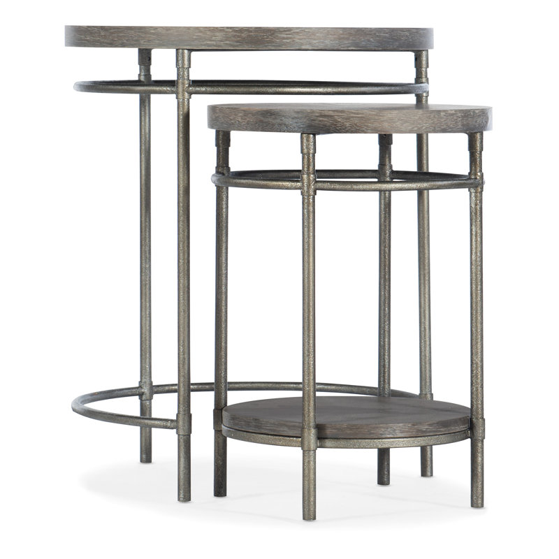 Round Brown and Gold Wood Metal Nesting Tables
