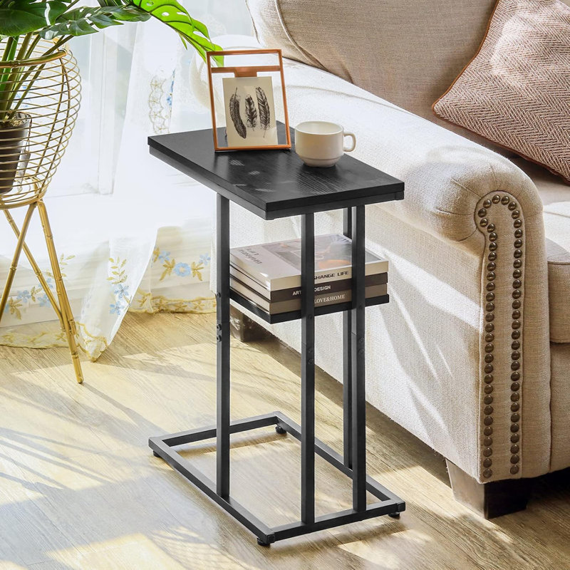 Black Metal and Wood C-Shaped End Table