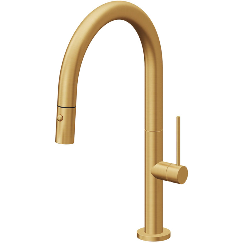 Poetto Pull Down Kitchen Faucet With Button Sprayer Low Arc Spout, Lifetime Satin Gold