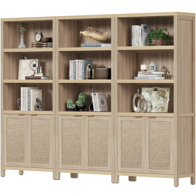 Marliee Boho 5 -Tier Bookcase With 2 Doors And Adjustable Shelves, Natural