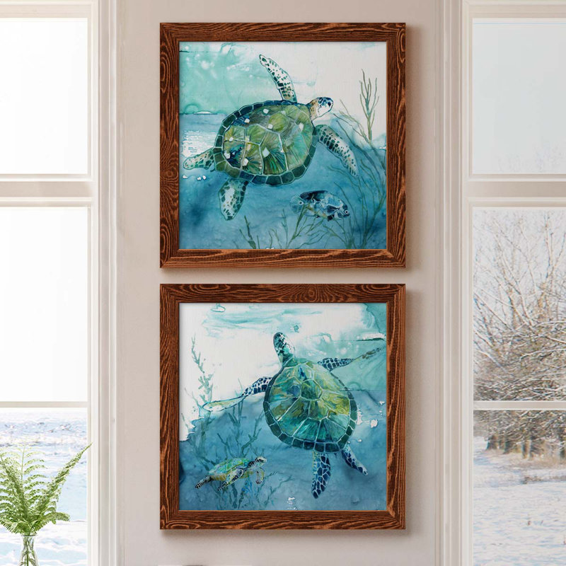«Delray Sea Turtle I», ensemble de 2 peintures sur toile encadrées, H 17 po x l 34 po x P 1,5 po, Érable encadré
