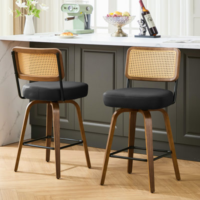 Swivel Upholstered Rattan Back Counter Stool With Walnut Finish Wood Frame