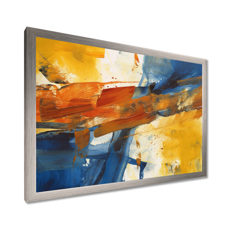 «Evening Glow», abstrait orange et bleu royal - peinture abstraite, art mural, H 24 po x l 32 po x P 1 po, Cadre simple gris