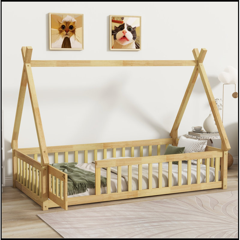 Twin Tent-Shaped Floor Bed,Teepee Bed With Guardrails,Slats And Door,Grey, Gray