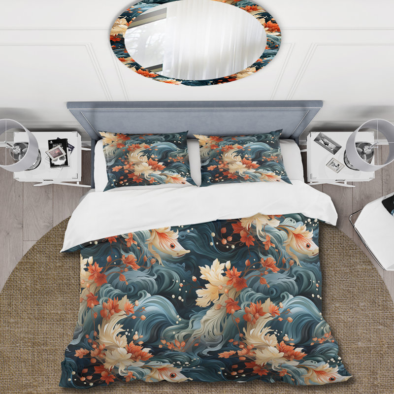 Ensemble de housse de couette Waves And Flowers, Housse de couette pour grand lit et 2 taies décor