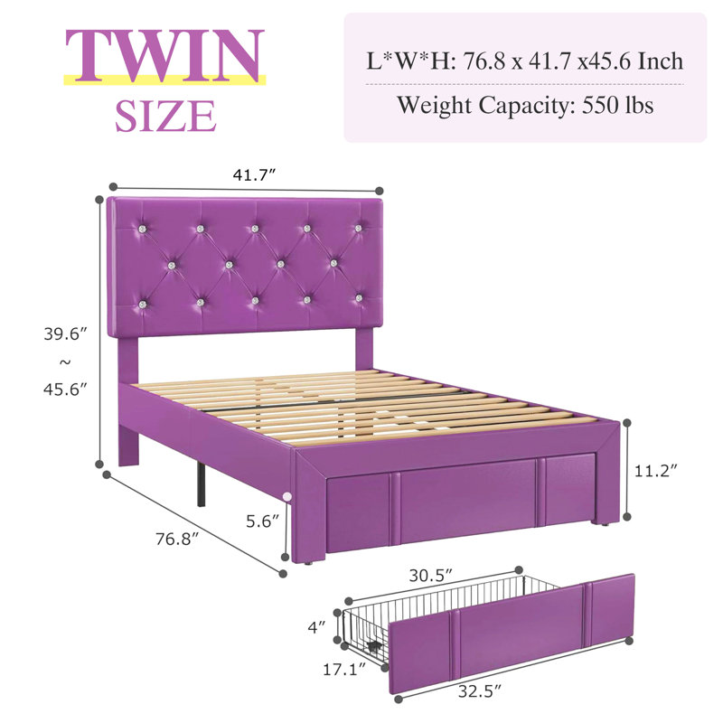 Murlene 2 Pack Upholstered Headboard Adjustable Height Twin Size Platform Single Bed With Drawers, Purple