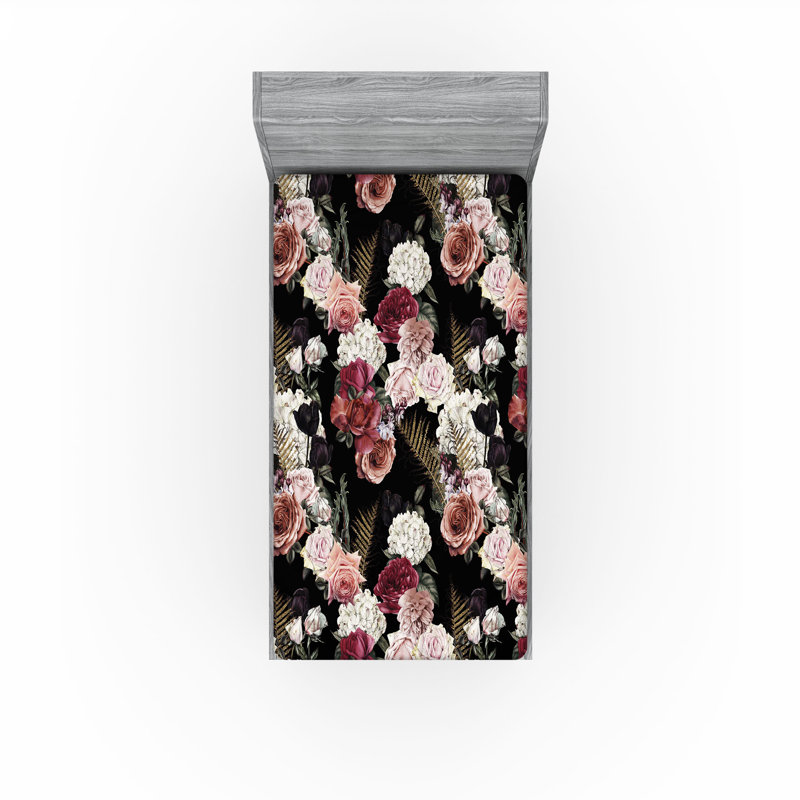 Drap-housse à motif floral Ambesonne, Drap-housse simple TG, Noir / rose / motif floral blanc
