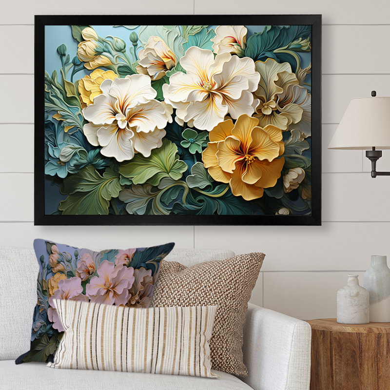 «Pensées beige et jaune», impression sur toile, Cadre photo noir, H 30 po x l 40 po x P 1,5 po