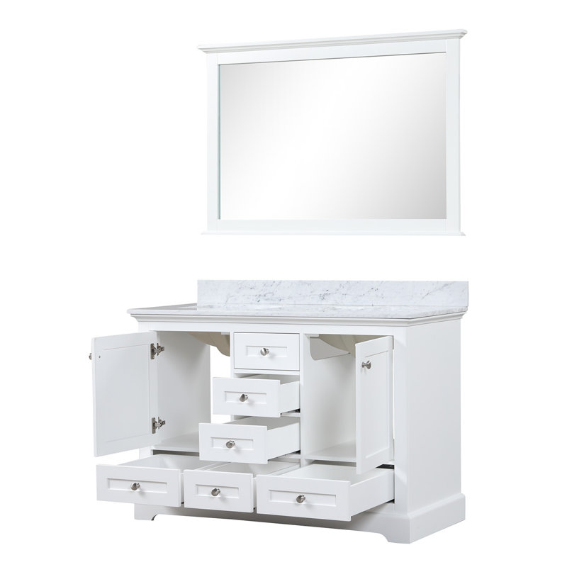 Dukes 48 in. W x 22 in. D Double Bath Vanity and 46 in. Mirror, White Carrara Marble, White