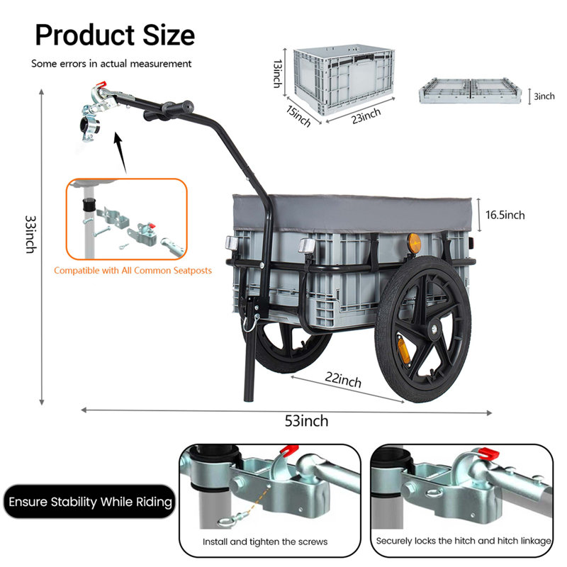 Remorque 2-en-1 pour le transport de vélos avec boîte de rangement pliable de 70 L, couvercle imperméable amovible, roues à dégagement rapide de 16 pouces et capacité de charge de 88 livres.