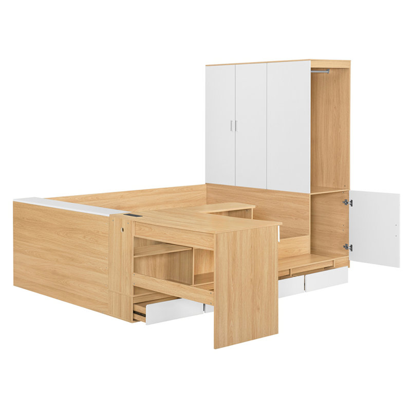 Lit plateforme double en bois avec 6 tiroirs, tablettes, bureau et garde-robe, Naturel