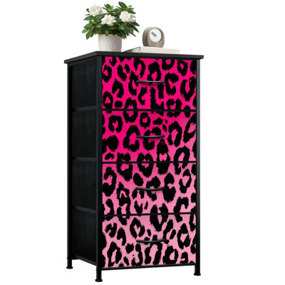 Dresser for Bedroom with 4 Storage Drawers Leopard Print Black Pink Gradient Bold Animal Print Dressers Chest of Drawers Steel Framed Fabric Closet Organizers for Dorm Entryway